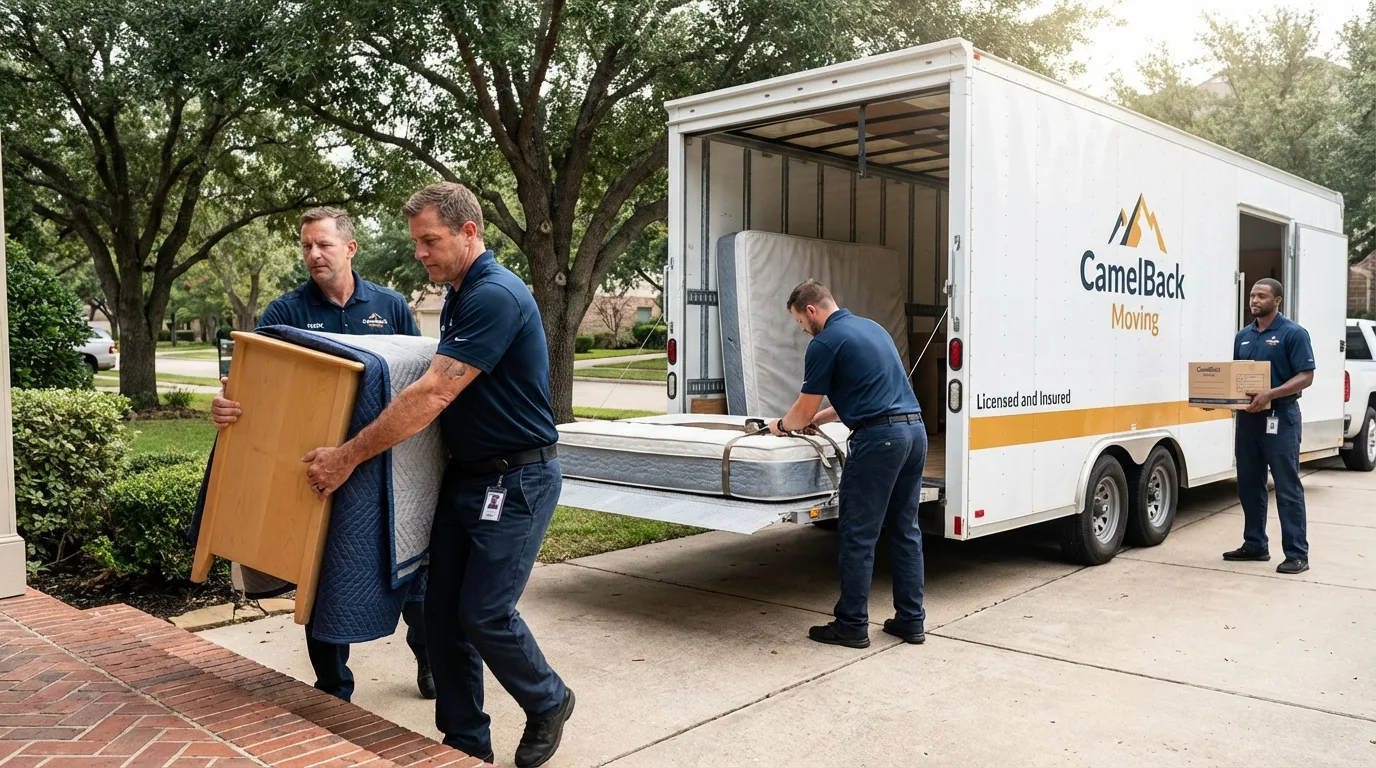 Crew loading residential truck for cross-state move from New Bedford, MA