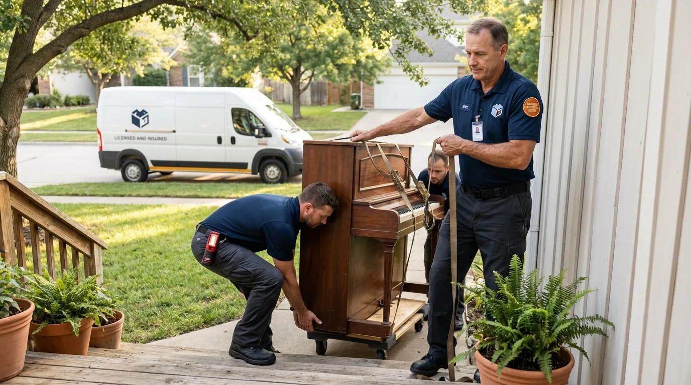 Licensed piano movers securing grand piano in New Bedford, MA