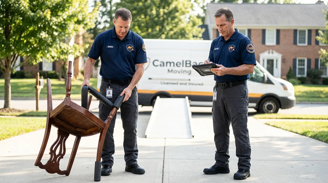 Movers inspecting furniture for damage prevention before loading in New Bedford, MA