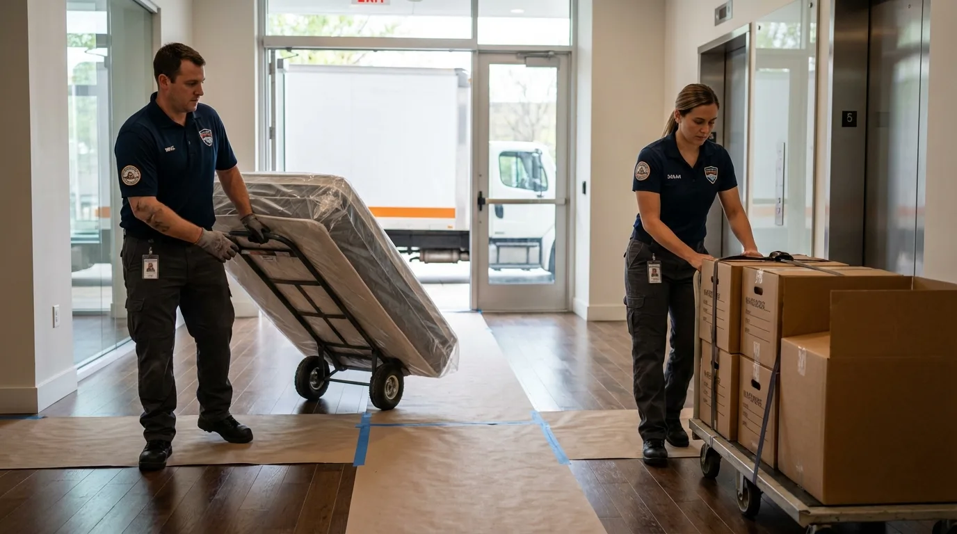Professional apartment movers loading elevator in New Bedford, MA